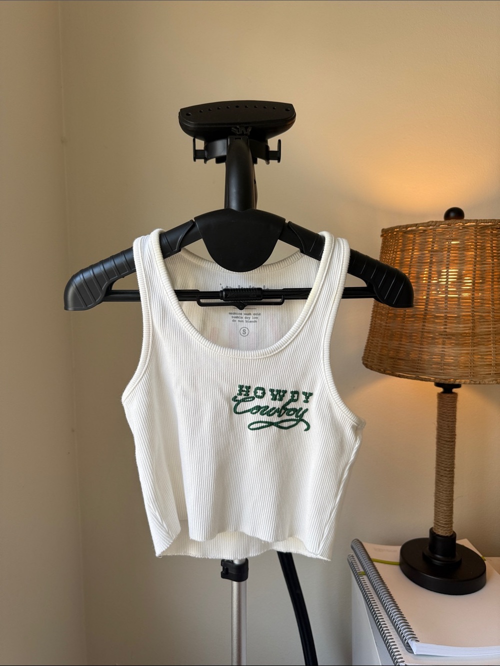 White Ribbed Tank Top with Green 'Howdy Cowboy' Embroidery